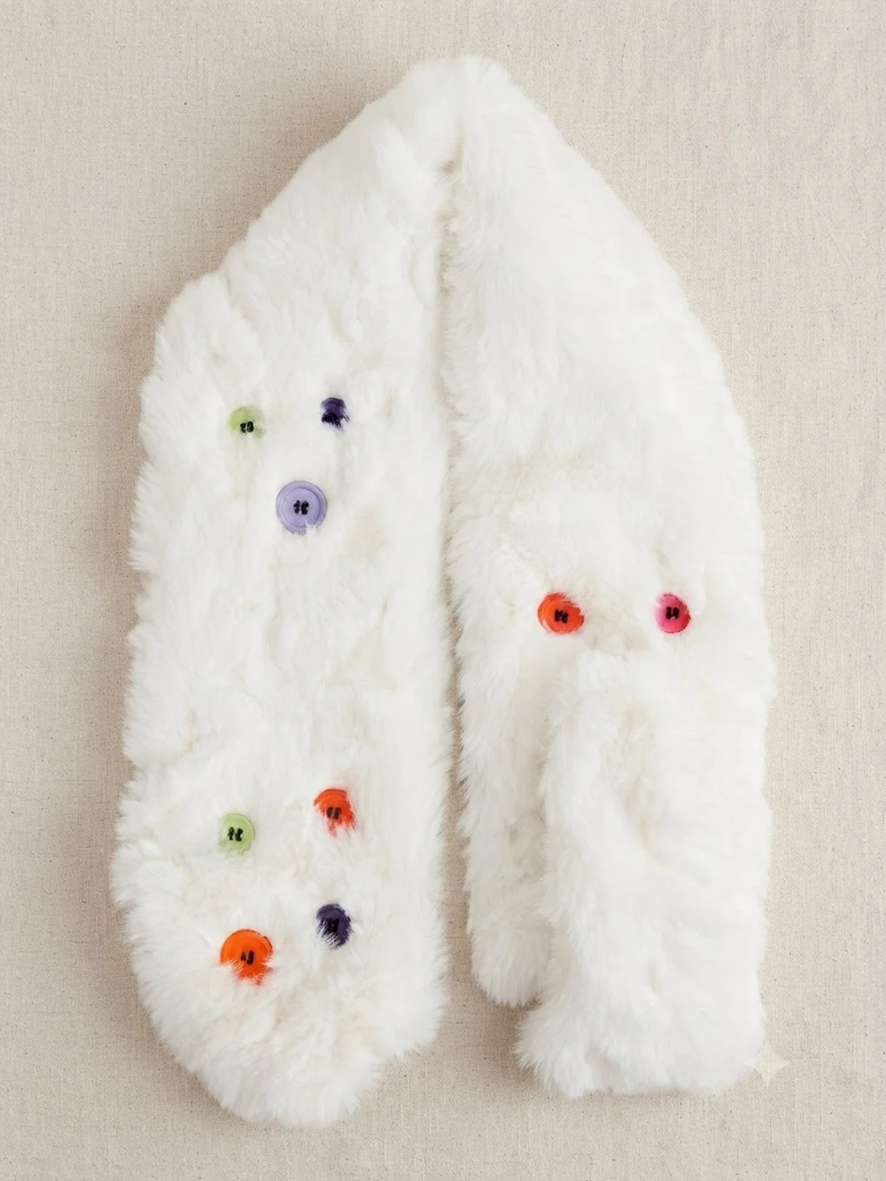 Halara Faux Fur White Winter Scarf with Colorful Accent Buttons Fun Quirky